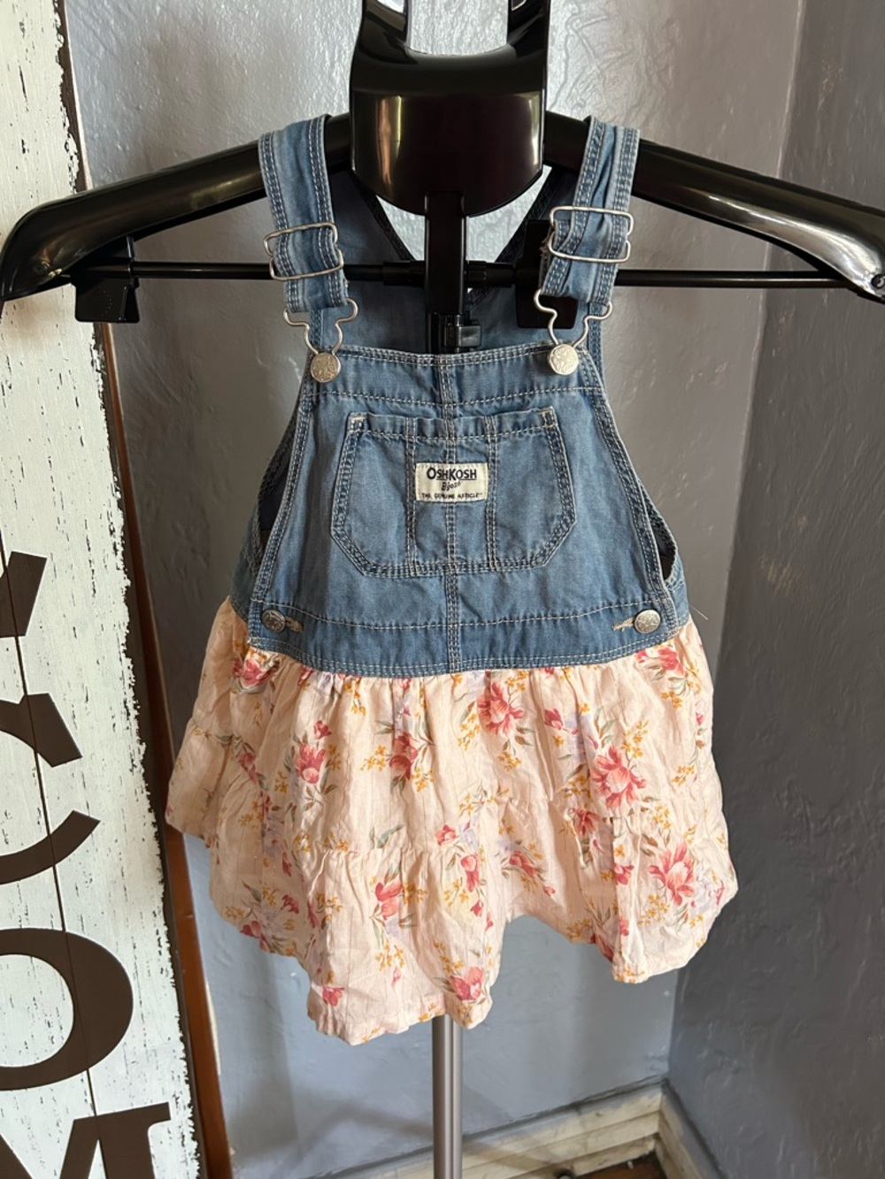 OshKosh B'gosh Denim Bib Skirtall with Pink Floral Skirt